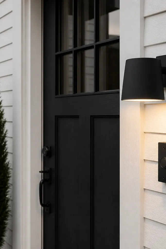 Matte black exterior light fixture beside a front door