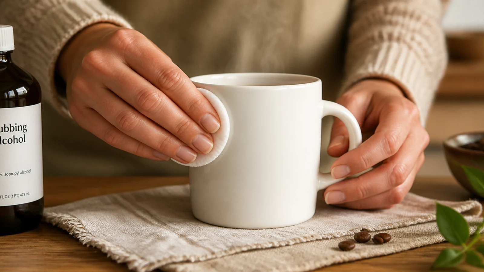 A plain white ceramic mug being wiped down with a cotton pad and rubbing alcohol on a clean table.
