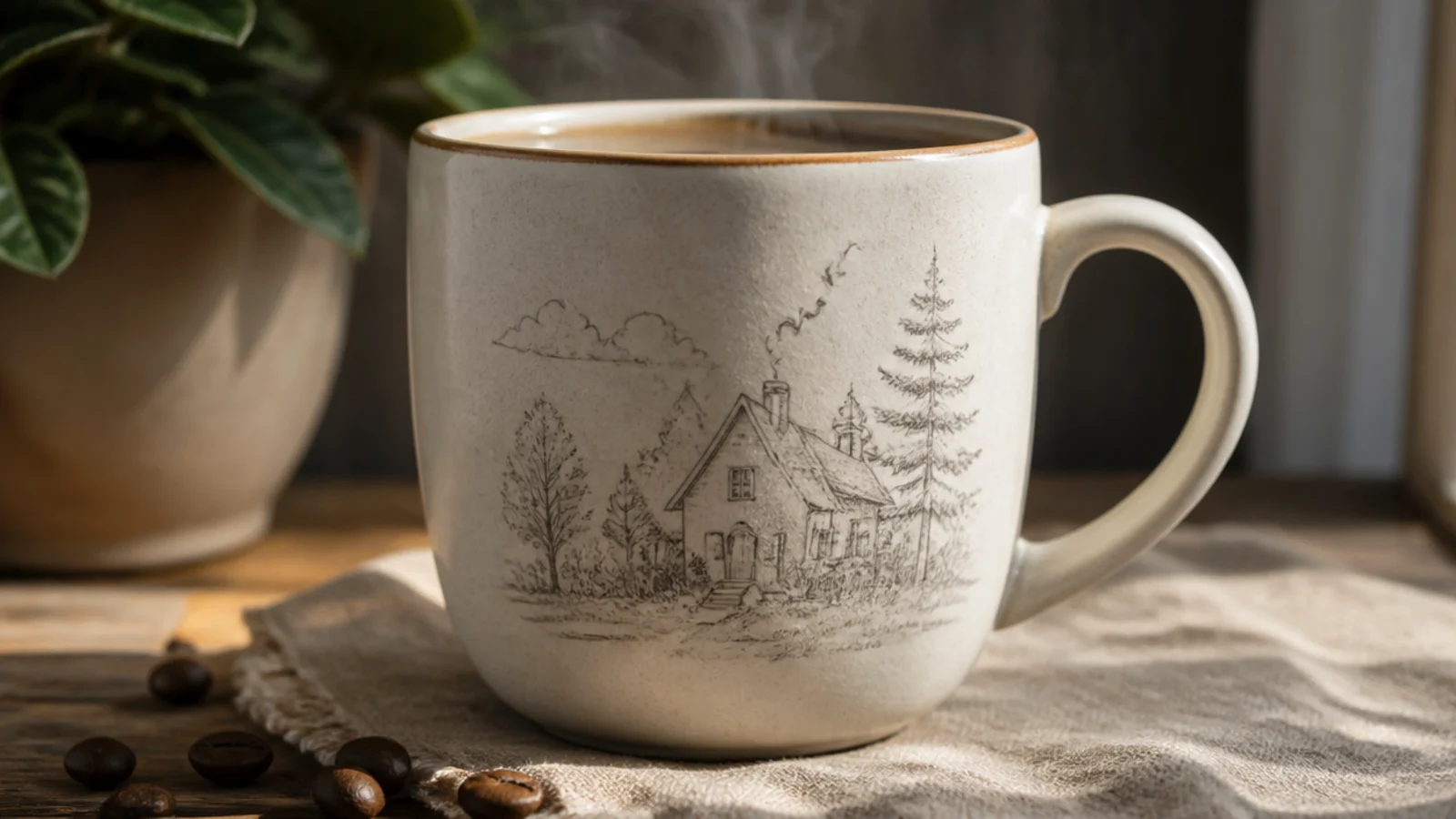 A white ceramic mug with a design lightly sketched in pencil on the front before painting.