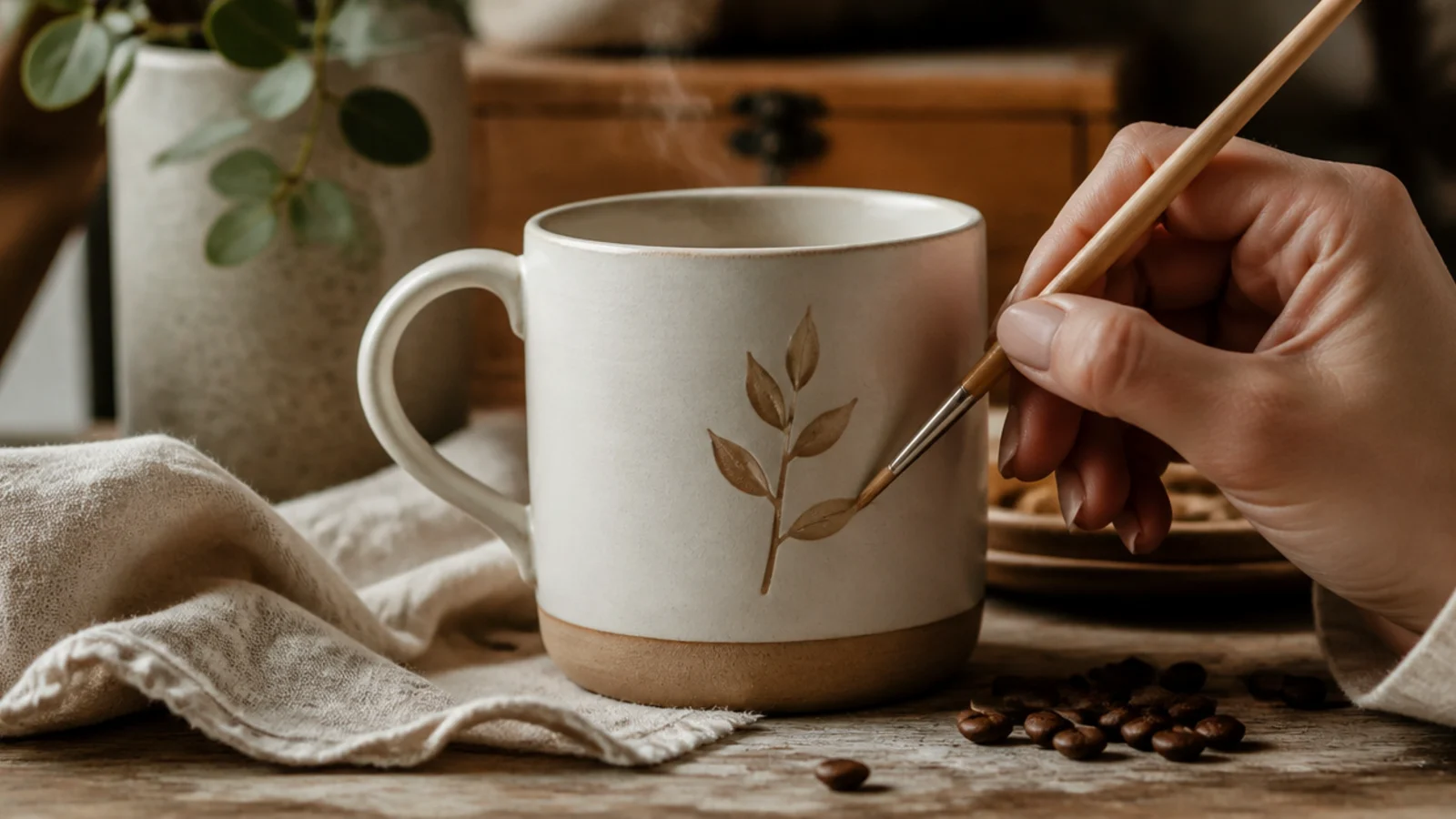 A hand painting a simple design onto a ceramic mug with a fine brush, thin even strokes.
