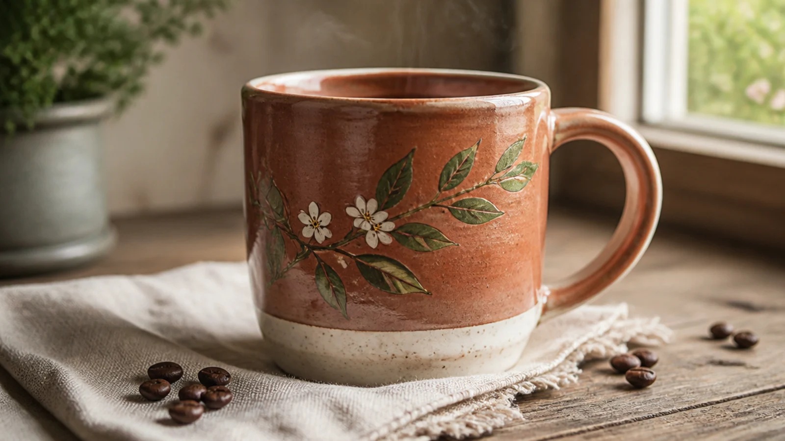 A freshly painted ceramic mug sitting on a windowsill to air-dry before baking.