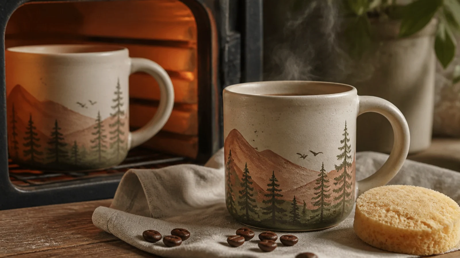A painted ceramic mug inside an oven being cured, with the finished mug beside a sponge for hand-washing.