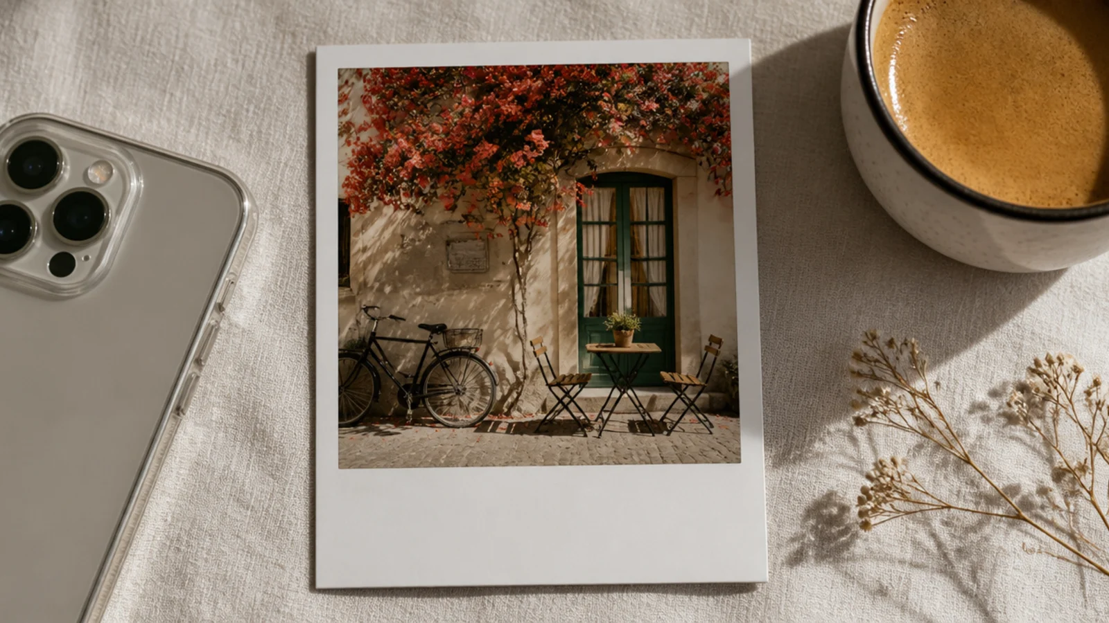 A photo set in a classic polaroid-style frame with a thin border on three sides and a wide blank strip along the bottom.