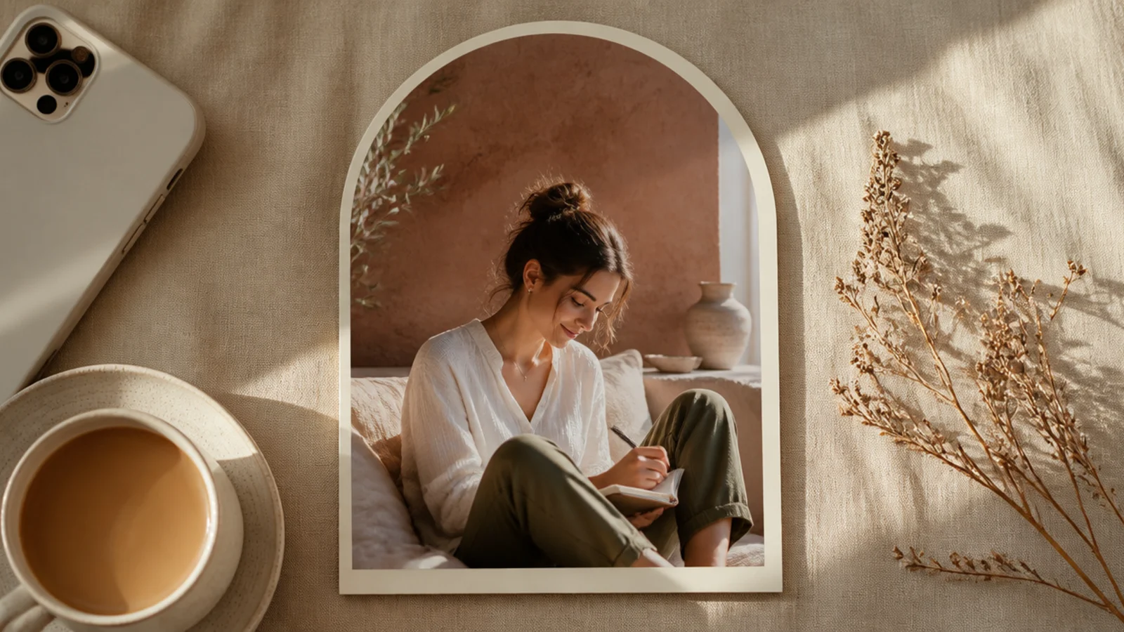 A photo cropped into a tall rounded arch shape, centered on a warm neutral background with even space around it.