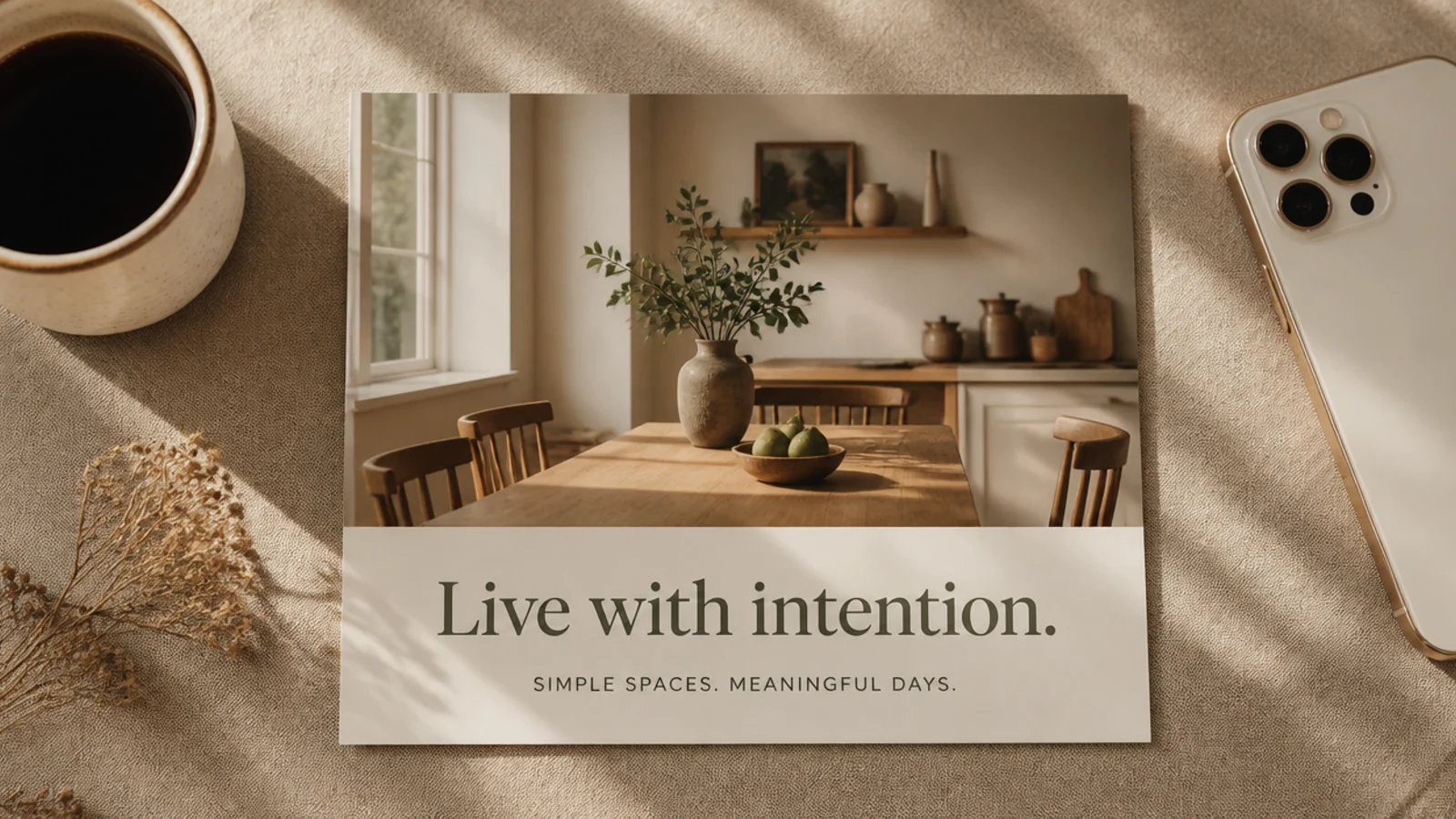 A photo with a solid cream bar across the lower third holding a short serif headline and a small sans-serif line.