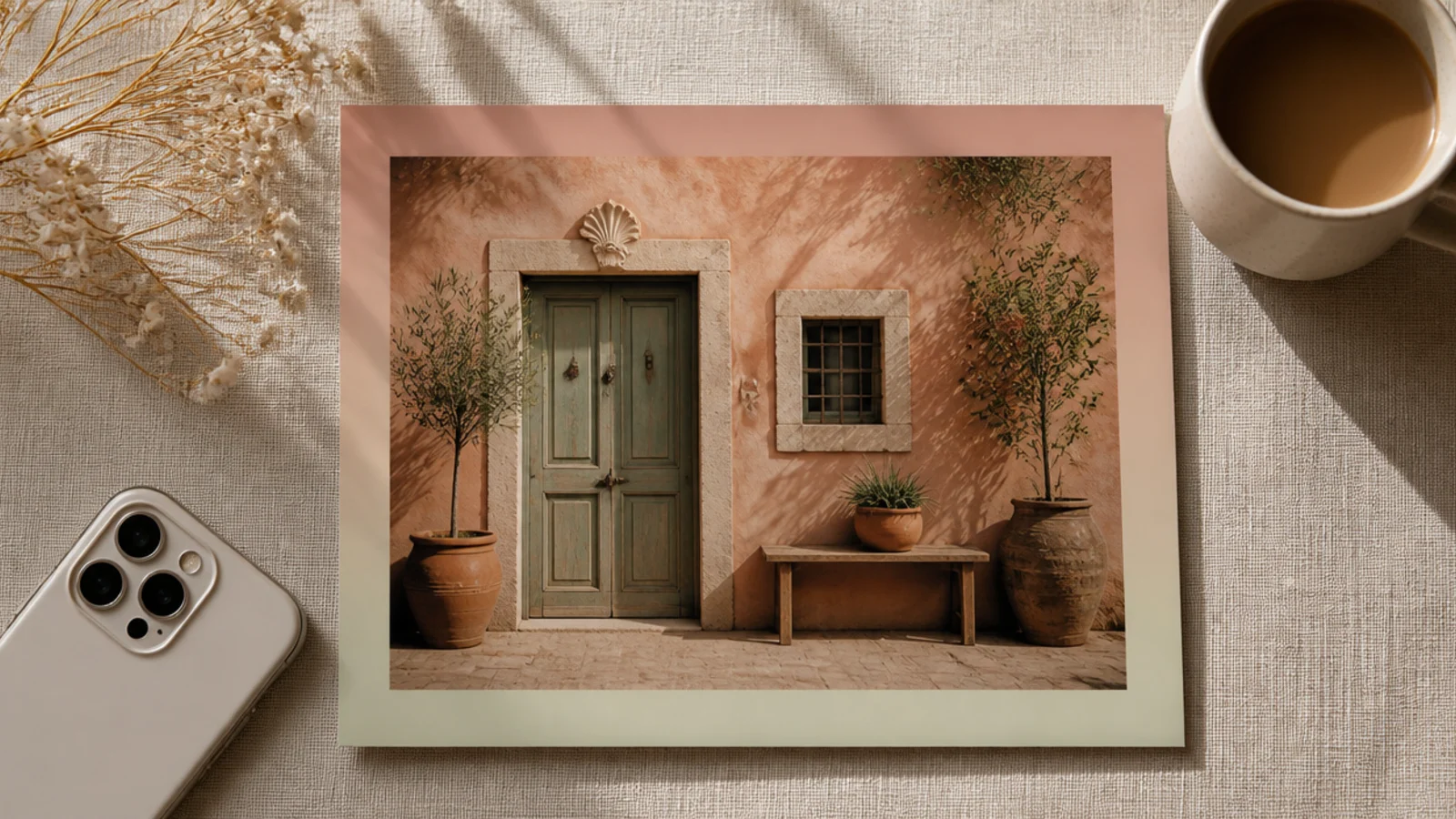 A photo framed by a soft border that fades from dusty blush at the top to pale sage at the bottom.