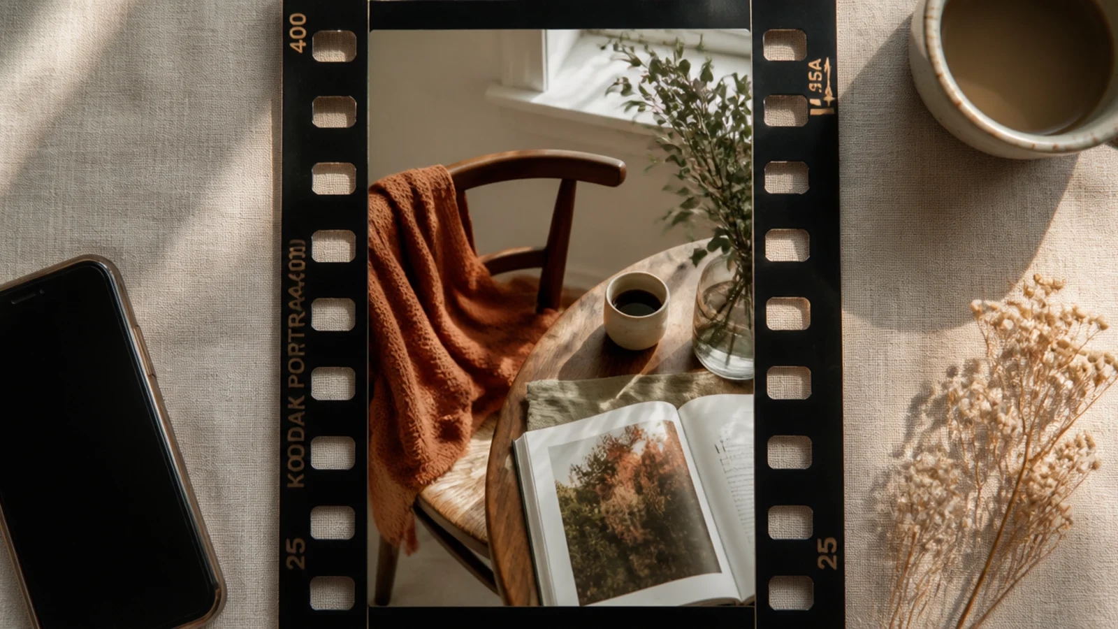 A photo set inside a black 35mm film strip frame with sprocket holes running down both sides.