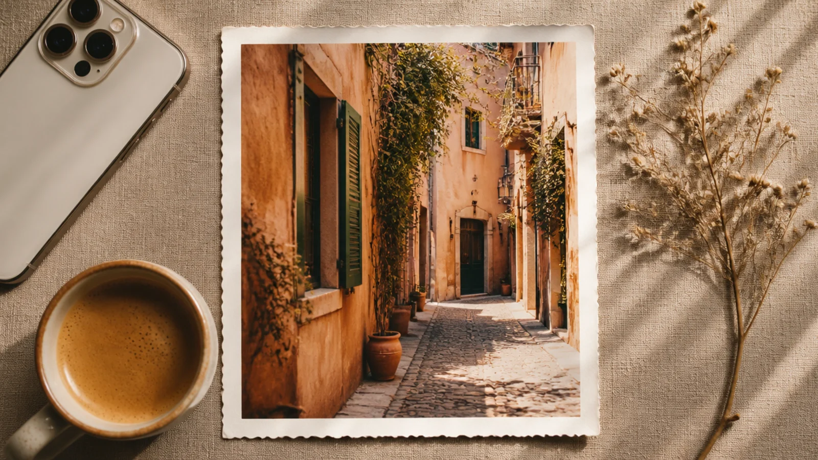 A photo with a decorative scalloped white border curving around all four edges like a vintage photo print.