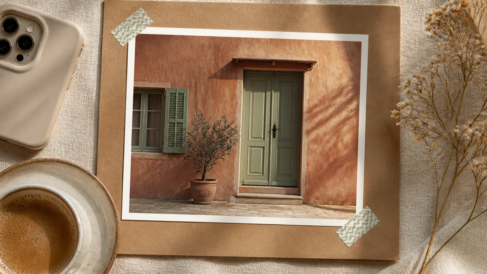 A photo taped onto a warm kraft-paper background with small strips of washi tape at two corners.