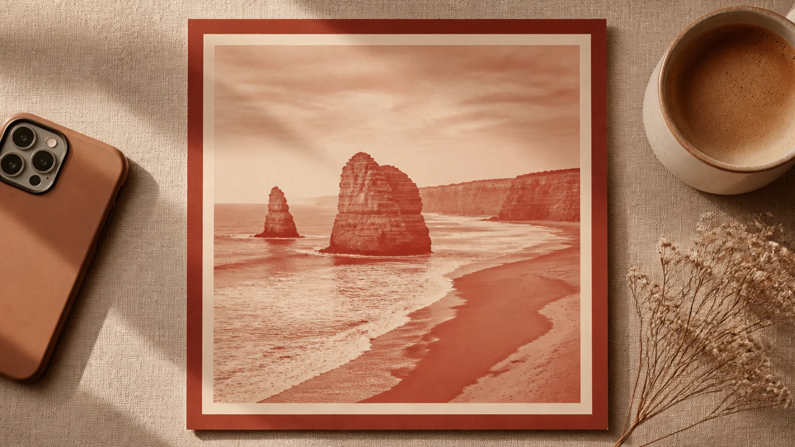 A photo recolored in a two-tone terracotta-and-cream duotone, framed by a matching solid border.