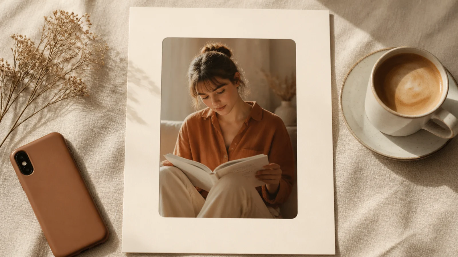 A photo shown through a rounded-rectangle window cut into a solid cream mat with generous even borders.