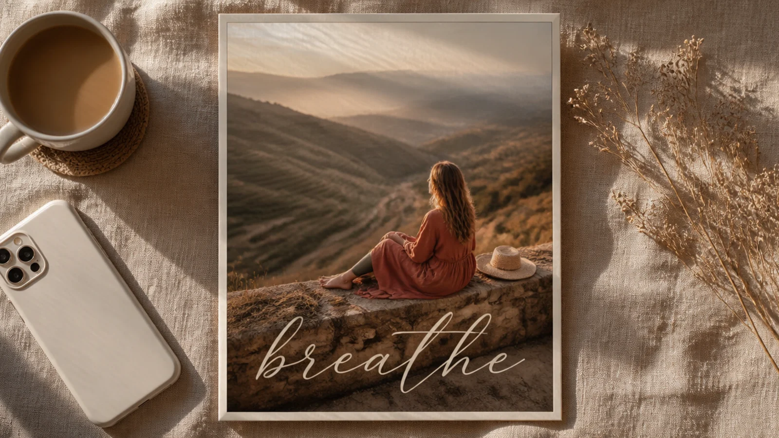 A photo with a thin border and a single word written across the lower area in flowing cream script.