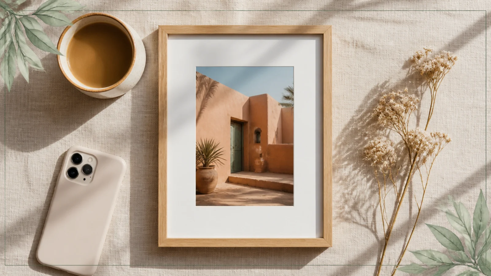 A photo with delicate sage-green leaf illustrations decorating two opposite corners over a thin border.