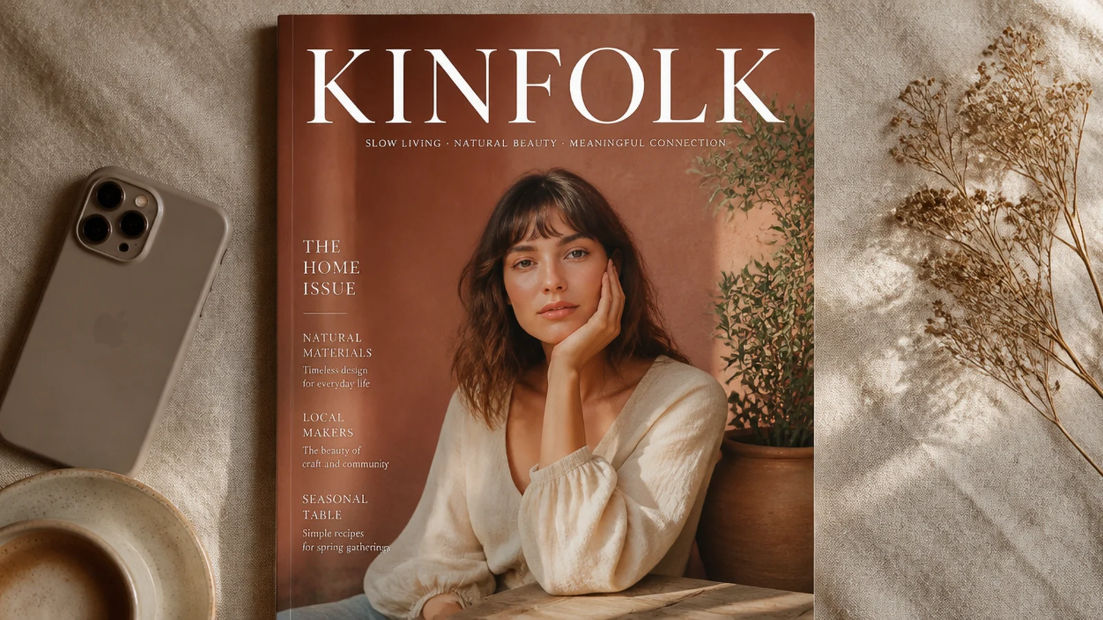 A full-bleed photo with a large serif masthead word across the top and a small tagline, like a magazine cover.