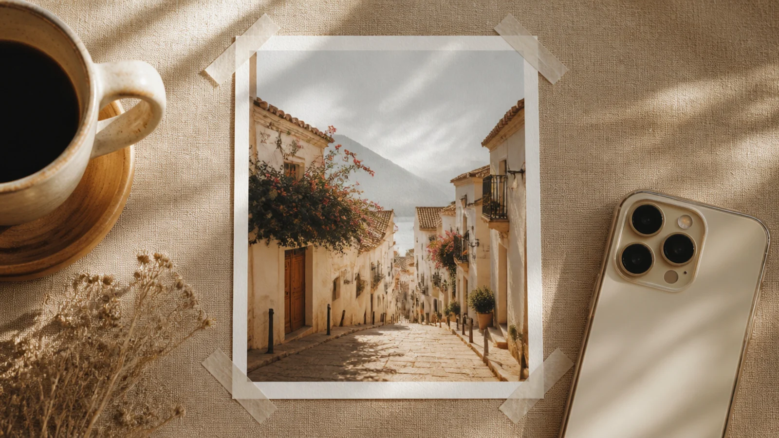 A photo with a thin white border and small translucent tape strips angled across all four corners.
