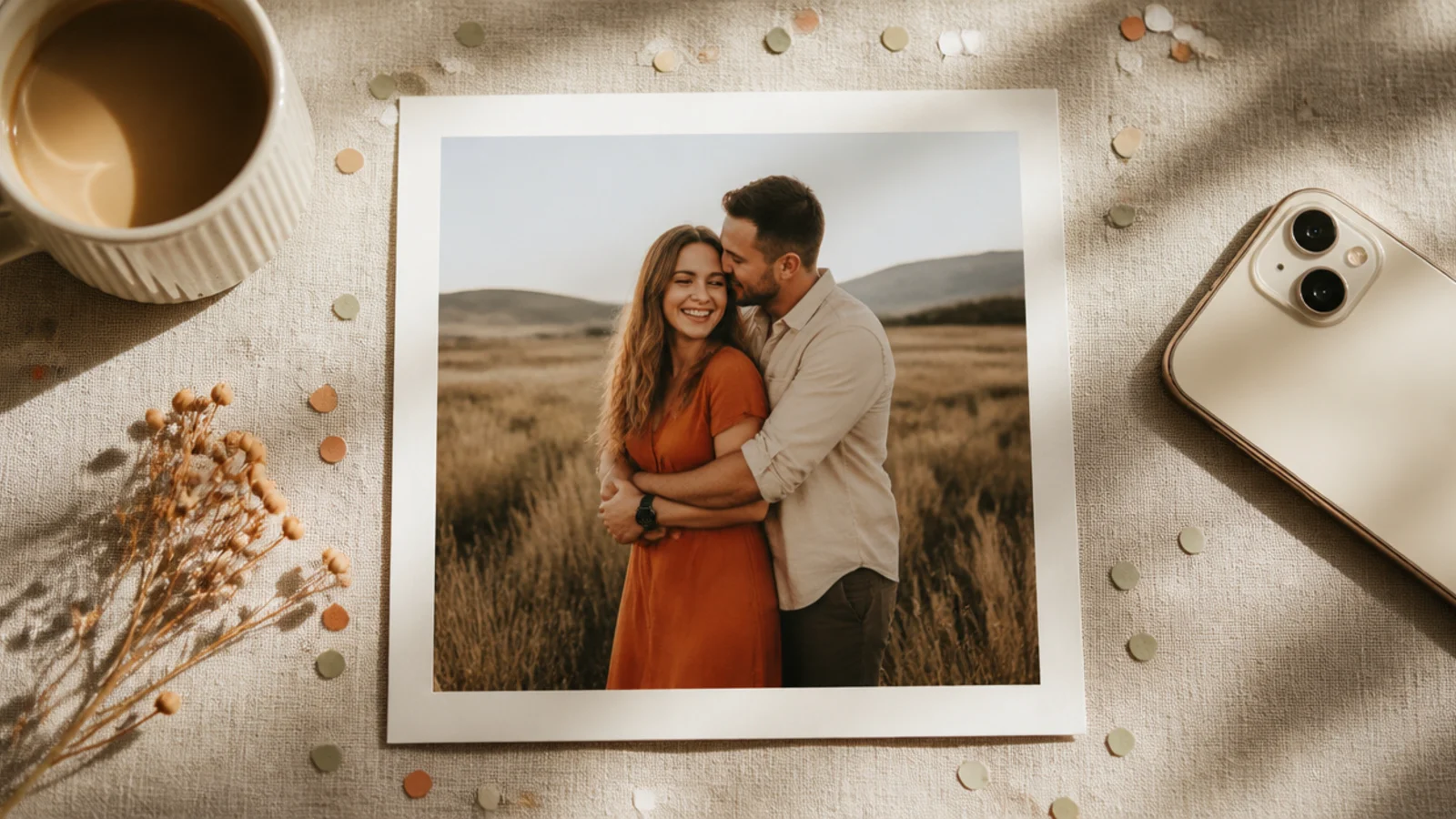A photo floated on a cream background with a scattered border of small muted confetti pieces around the edges.