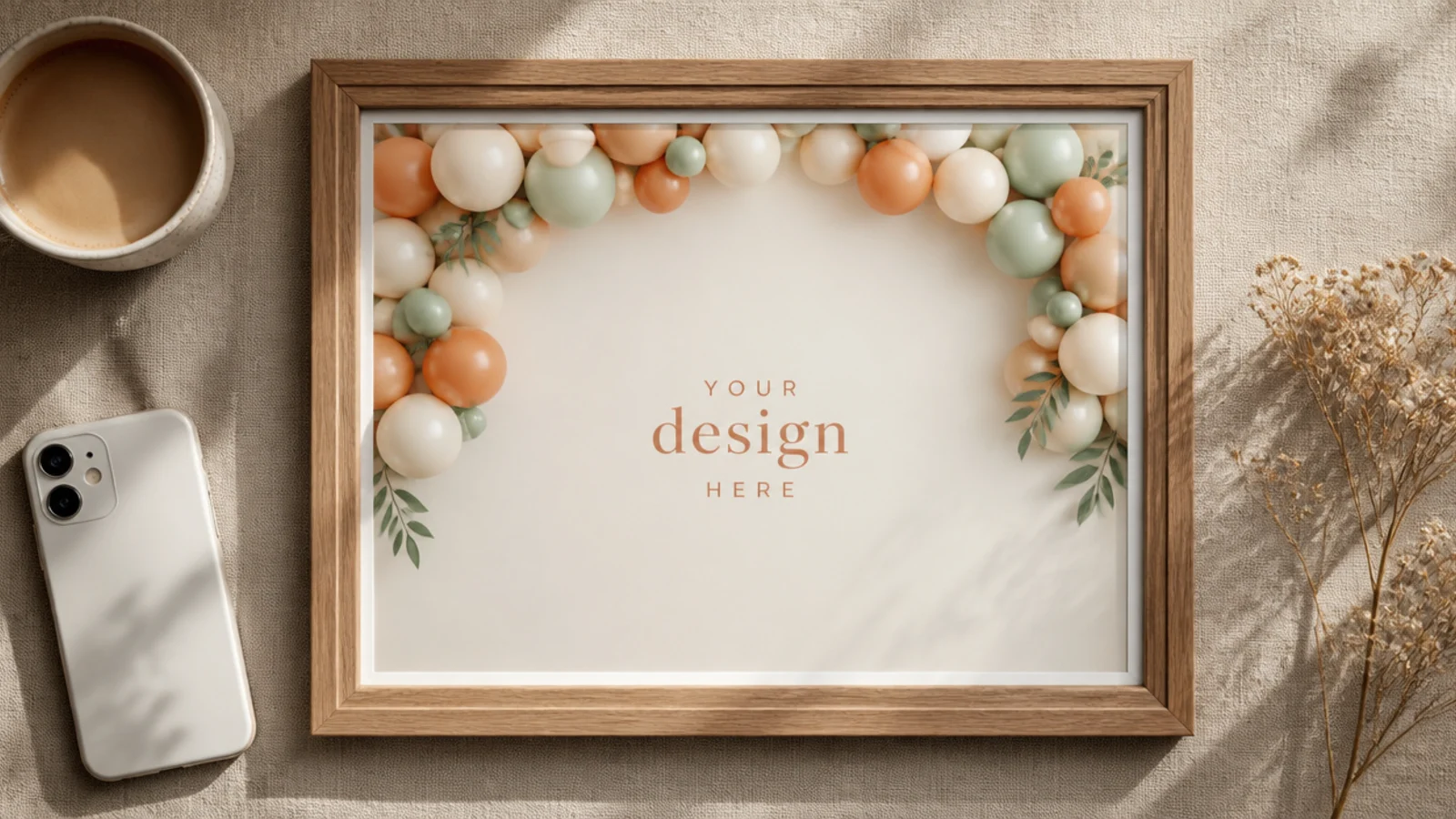 A photo with a soft arch of muted balloons across the top corners on a cream background.