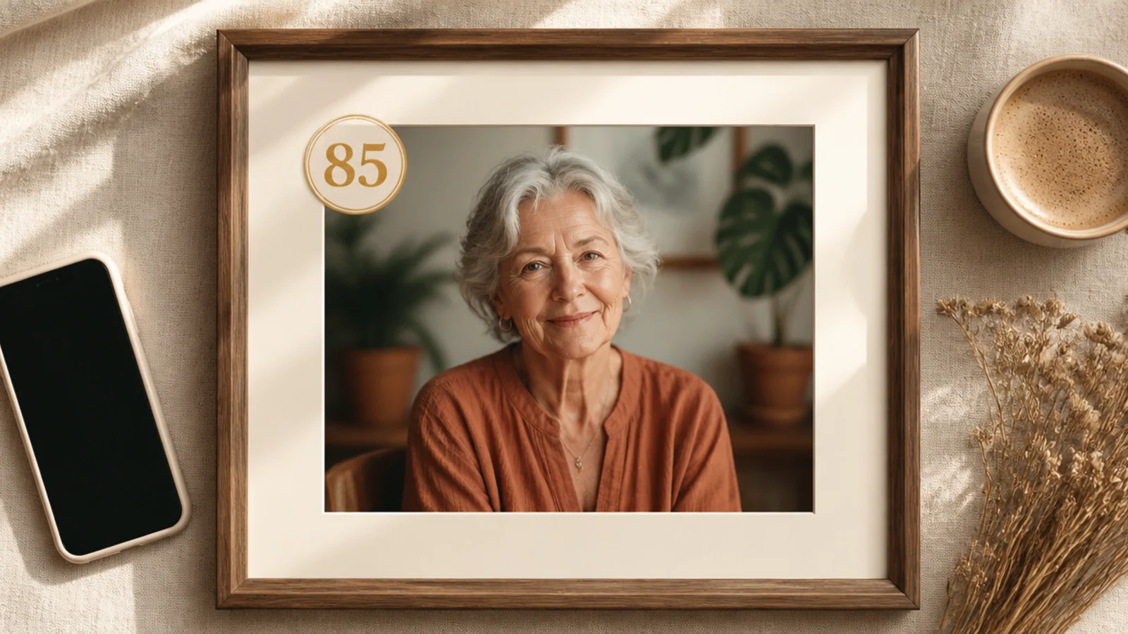 A photo with a large age number inside a gold circular badge in one corner on a cream mat.