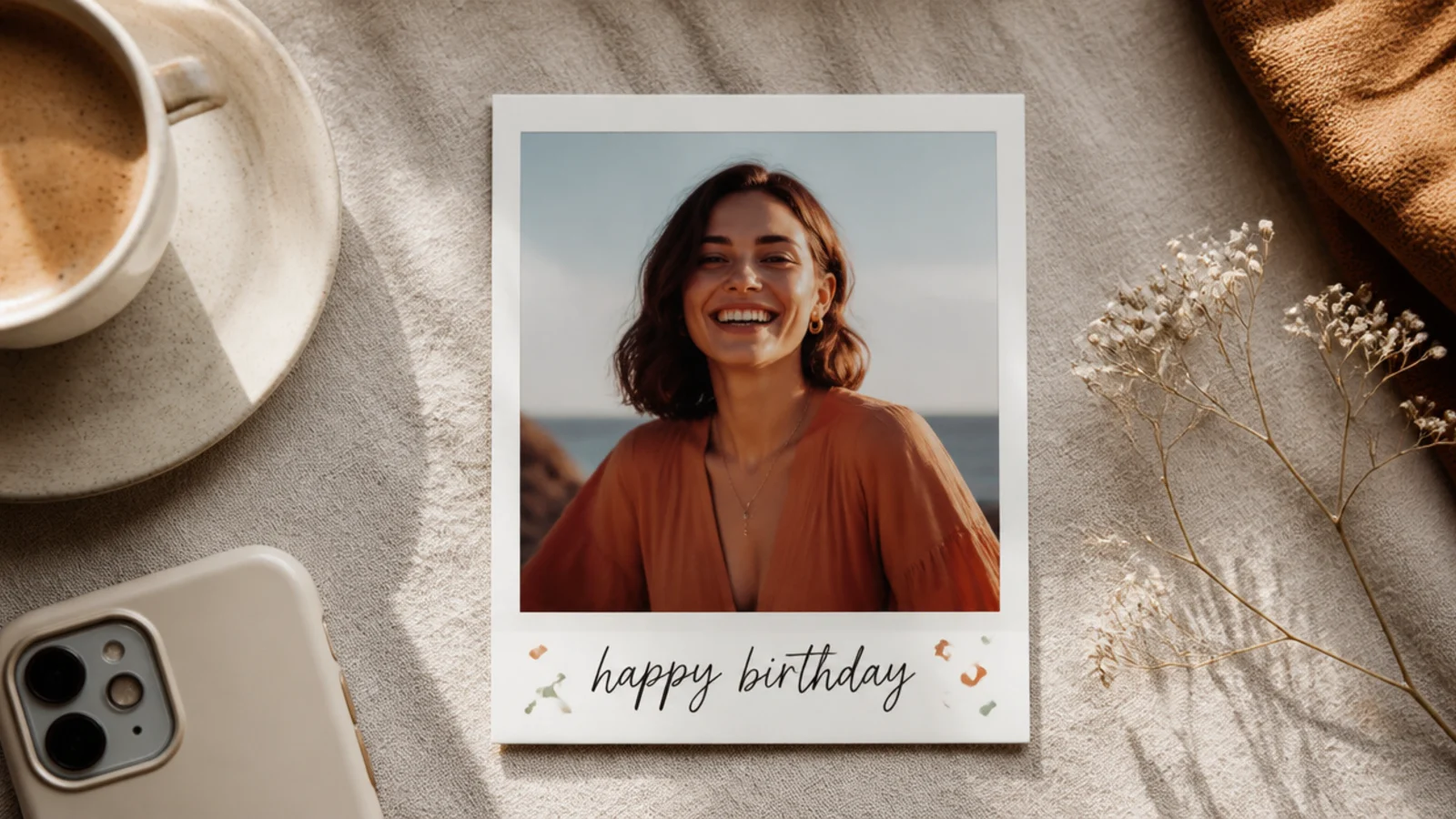 A photo in a polaroid frame with happy birthday handwritten in the wide bottom strip and a small confetti sprinkle.