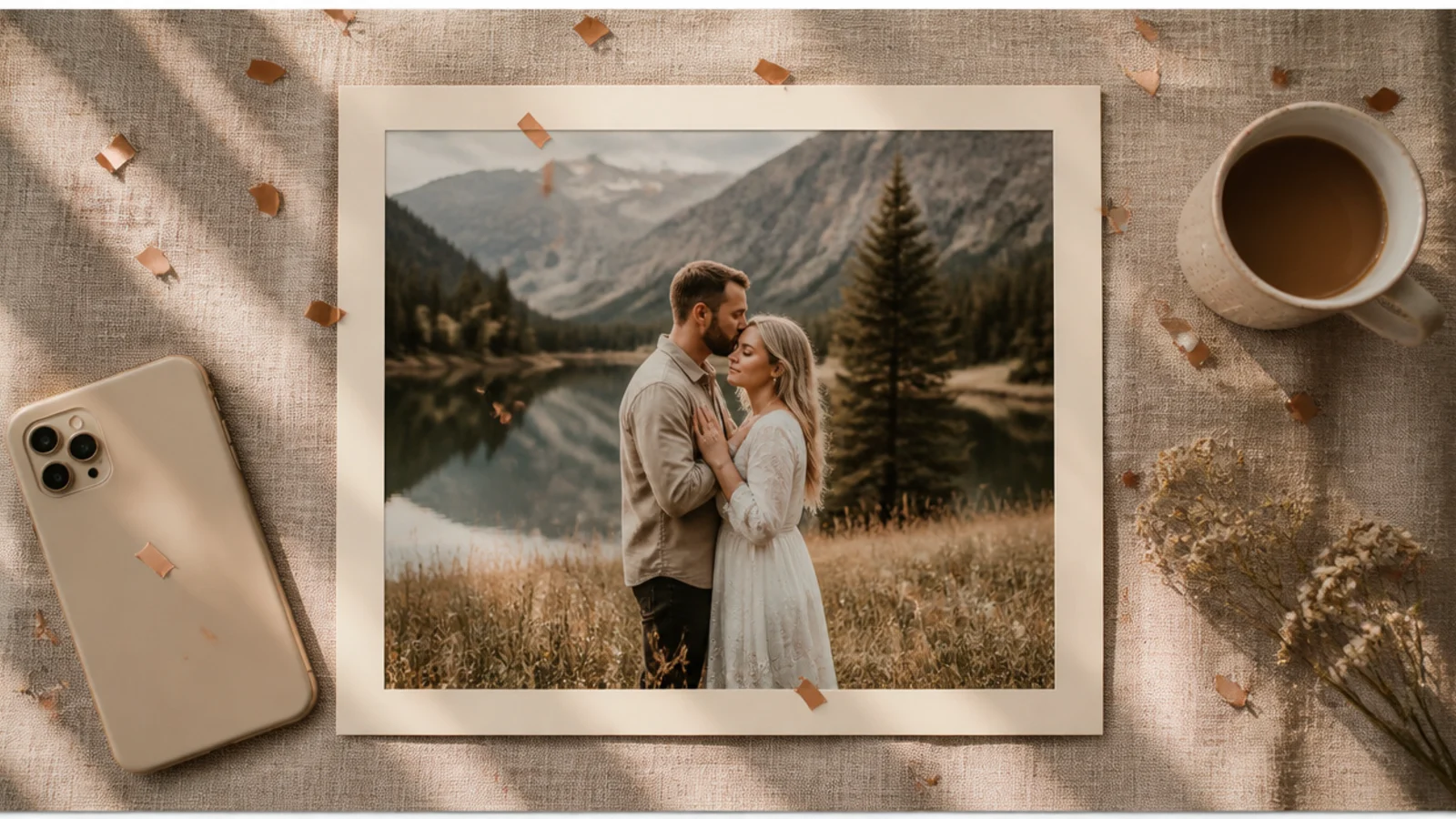 A photo with a light overlay of falling confetti streaks across the whole frame and a thin cream border.
