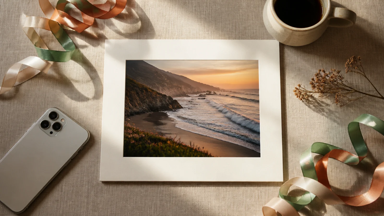 A photo with curling paper streamers in muted colors trailing from two opposite corners on a cream mat.