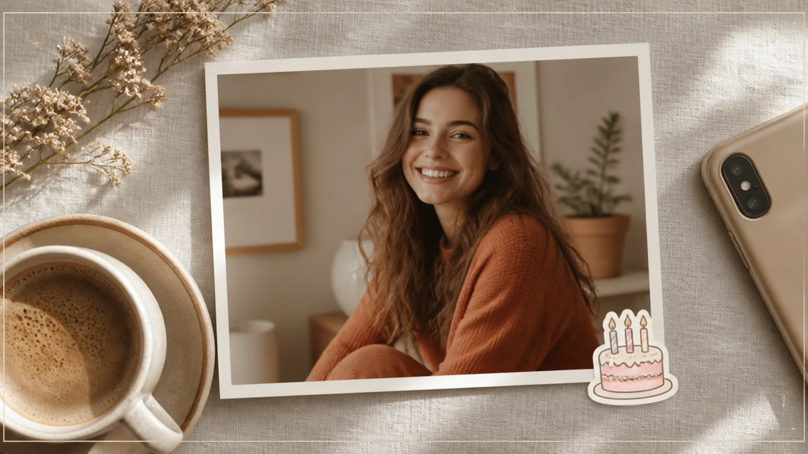 A photo with a small illustrated birthday cake sticker in one corner and a thin cream border with tiny sparkles.