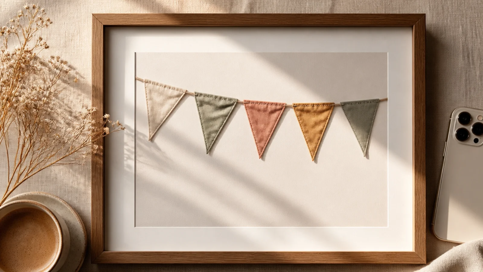 A photo with a string of triangular bunting flags in muted colors draped across the top on a cream mat.