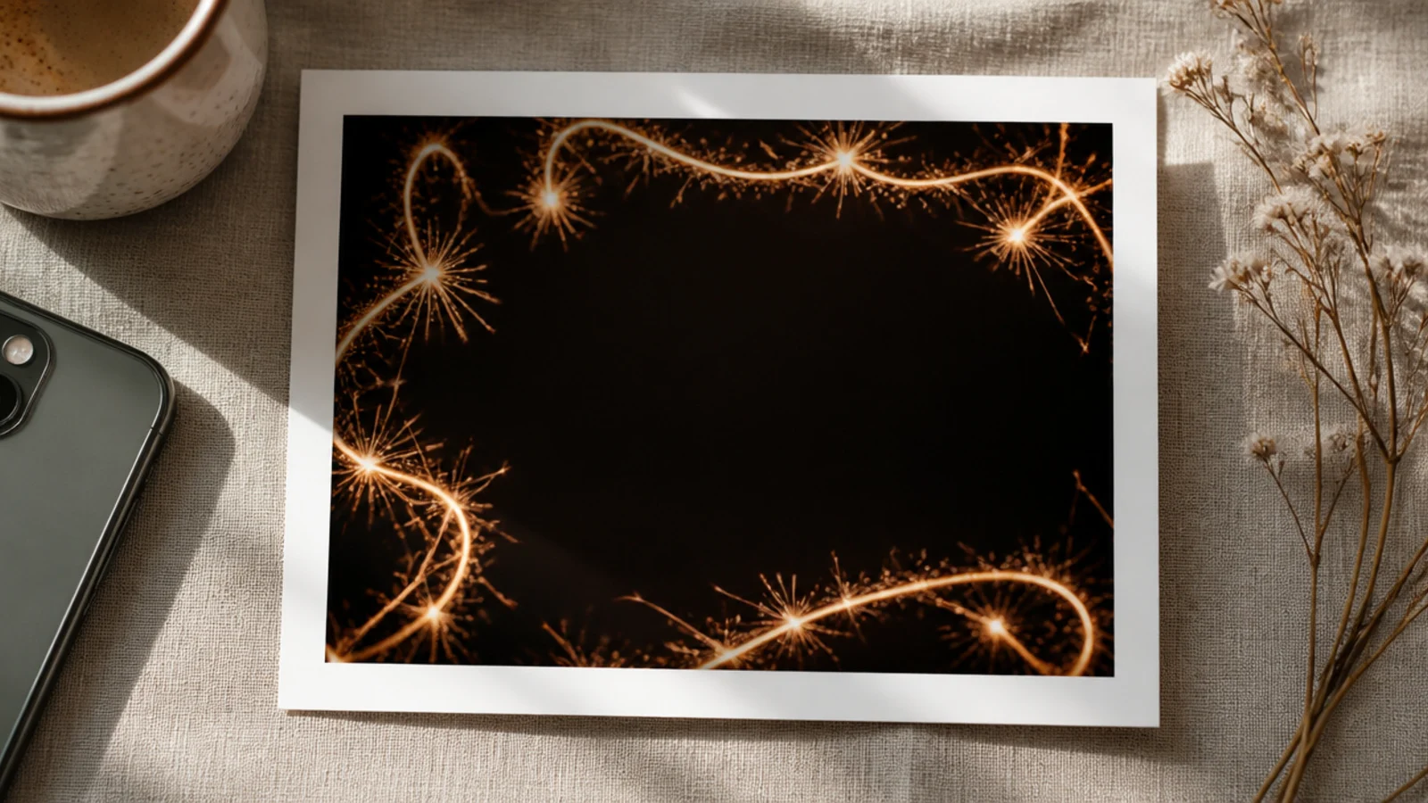 A photo on a dark background framed by warm glowing sparkler light trails around the edges.