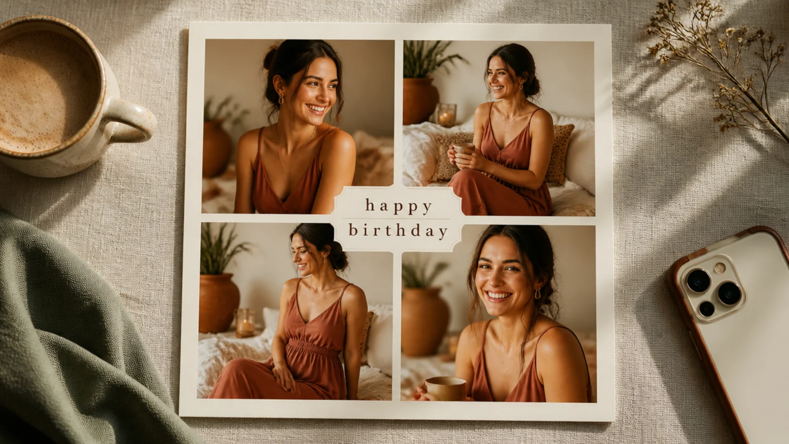 Four photos in a two-by-two grid with a happy birthday label in the center gap on a cream frame.