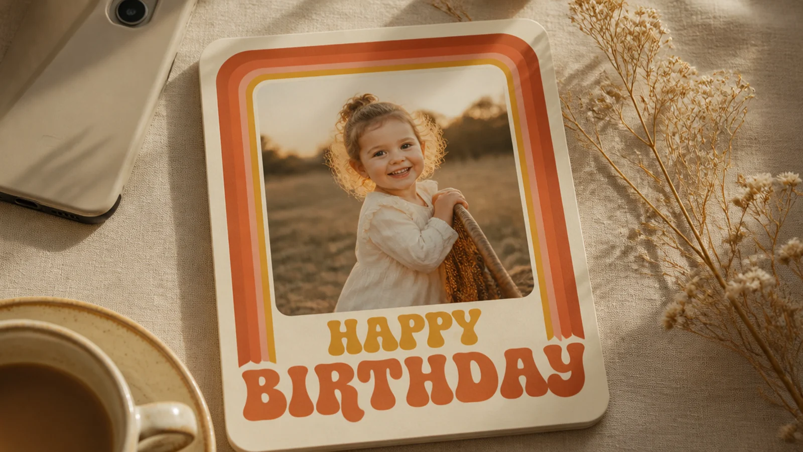 A photo with a retro 70s-style rounded frame, warm sunset stripes, and a groovy birthday word at the bottom.