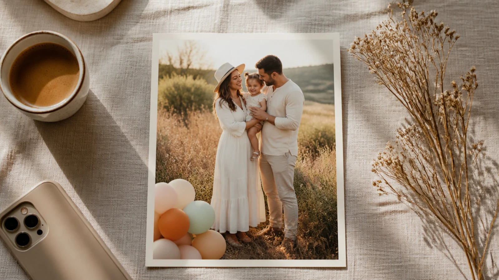 A photo with a small cluster of pastel balloons in one bottom corner and a thin cream border.
