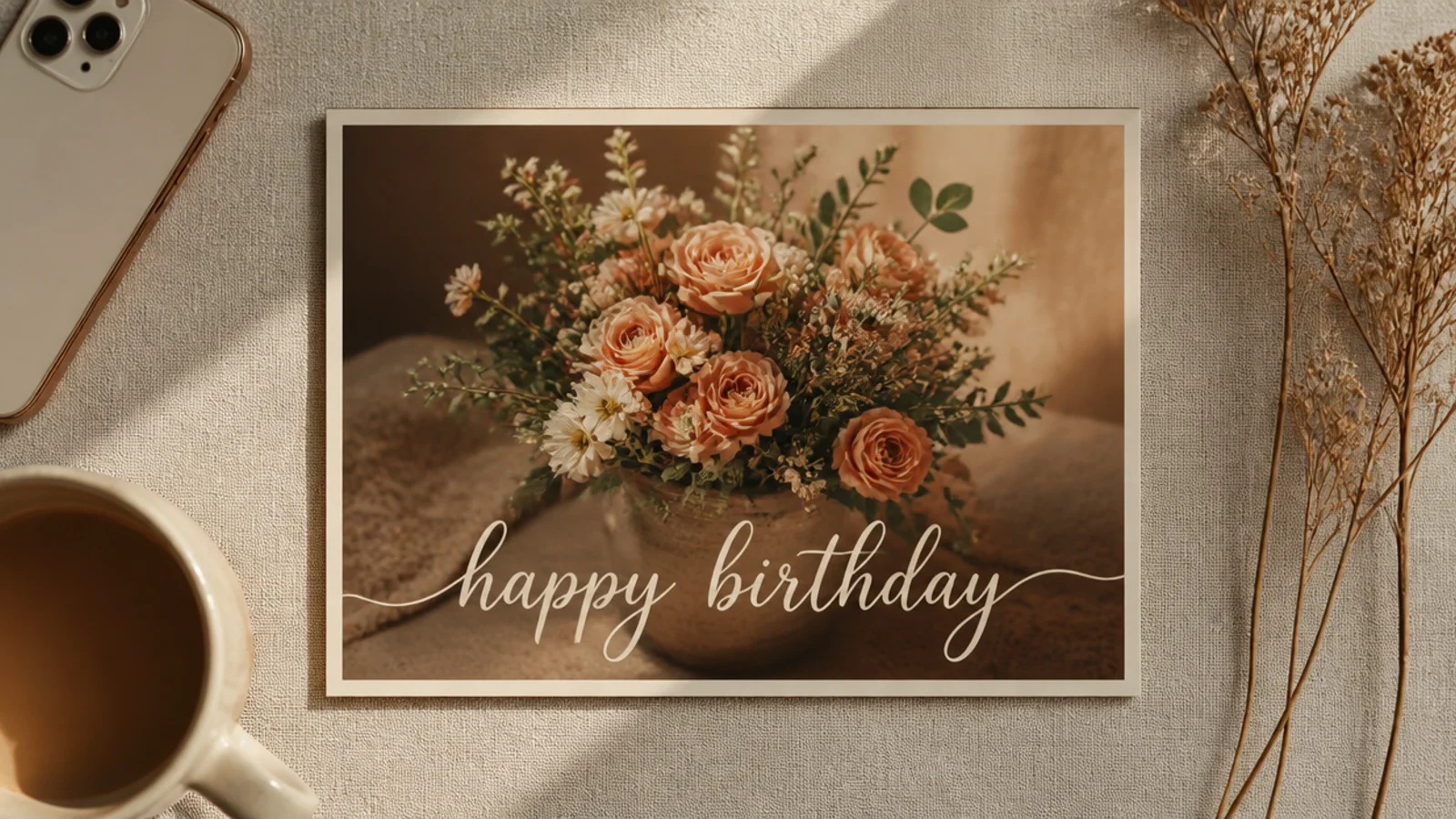 A photo with happy birthday written across the lower area in flowing cream script and a thin border.