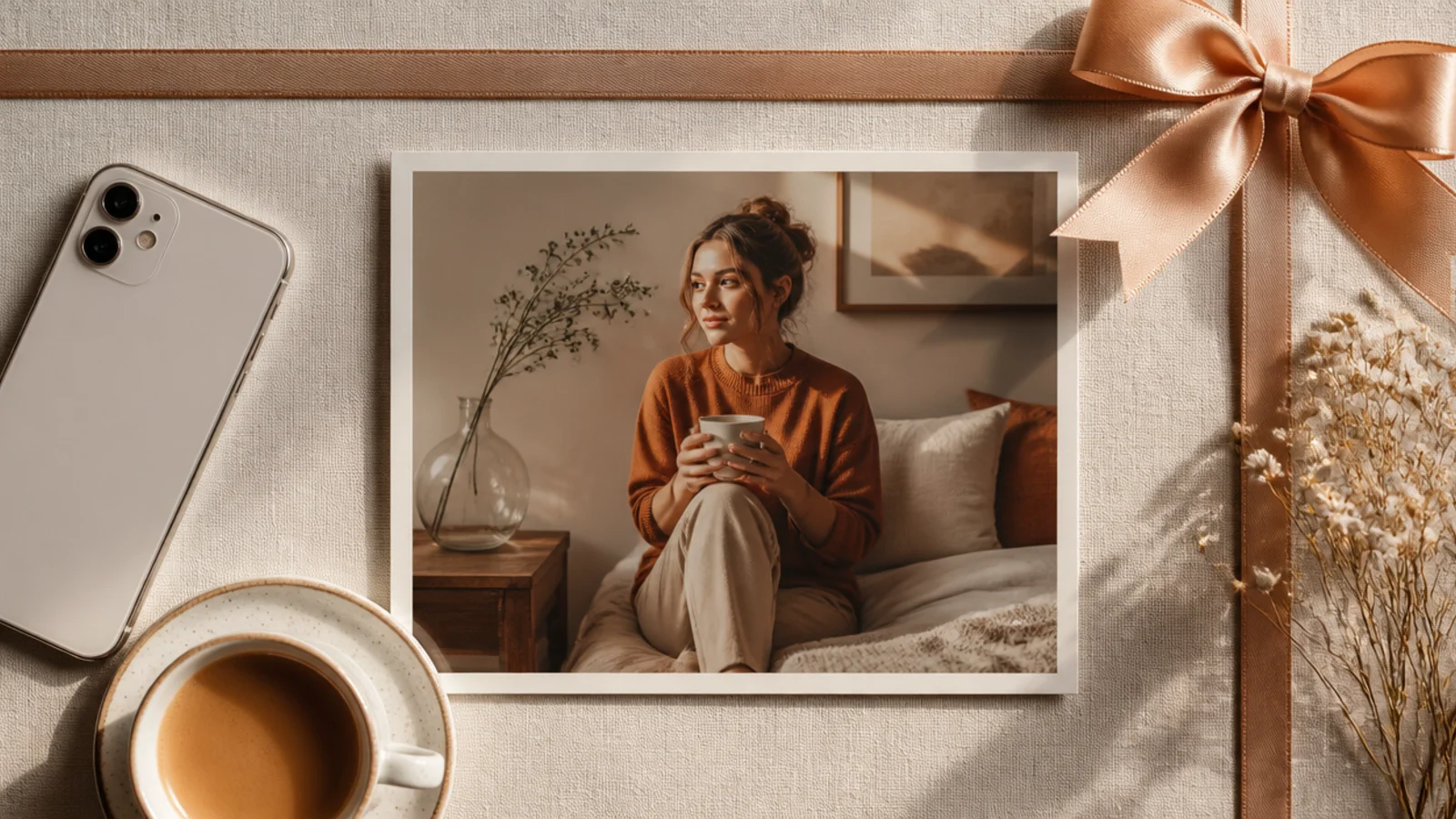 A photo with a satin ribbon bow in one corner and thin ribbon lines running along two edges like a wrapped gift.