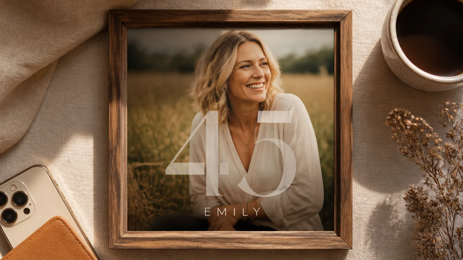 A photo with a bold large age number as a semi-transparent overlay across the center and a small name below.