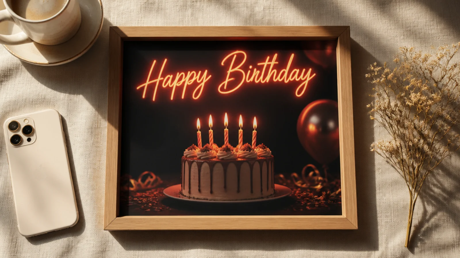 A photo on a dark background with a glowing neon happy birthday sign across the top in warm coral light.