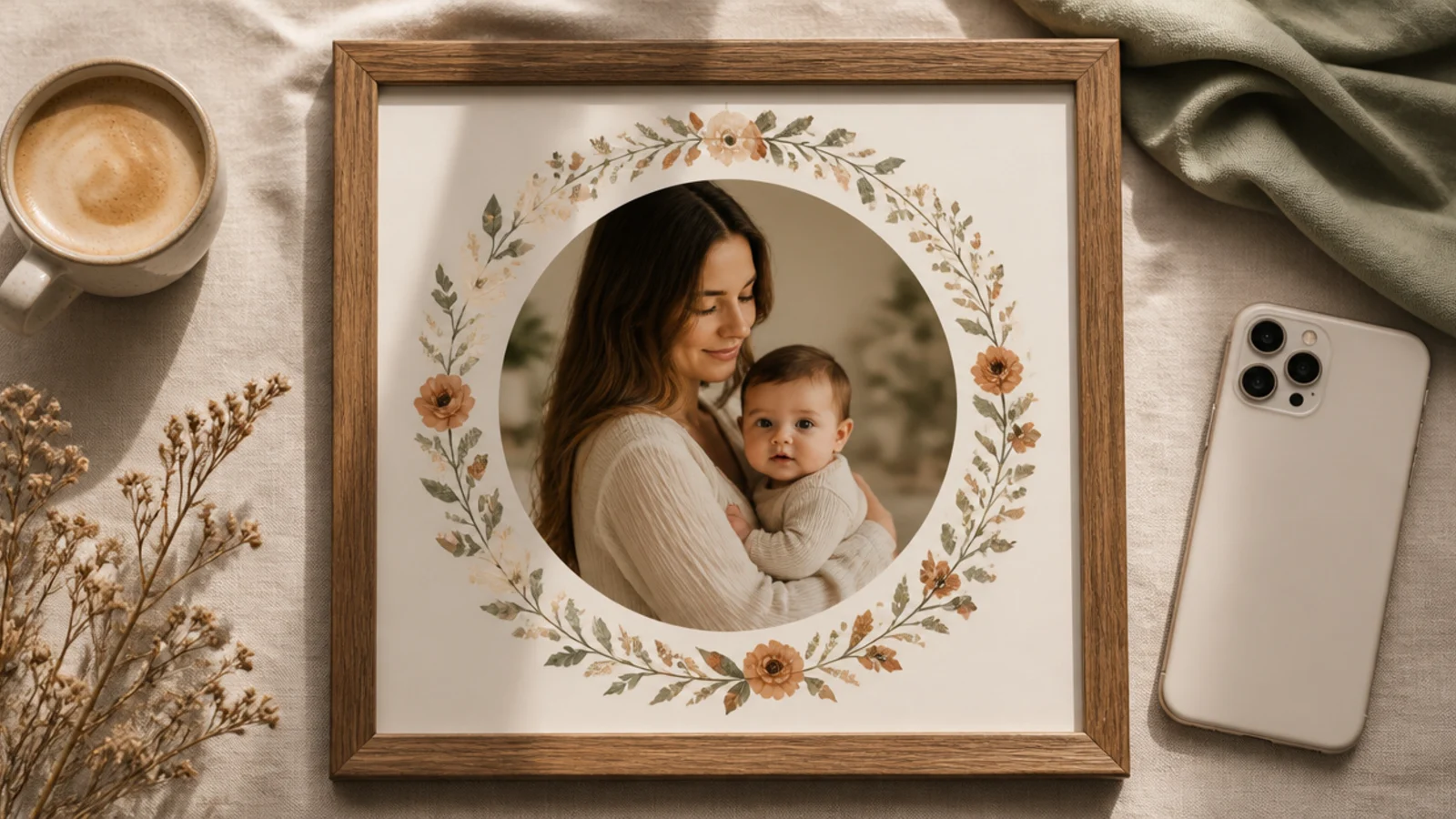 A photo cropped into a circle surrounded by a delicate floral wreath in muted blooms on a cream mat.