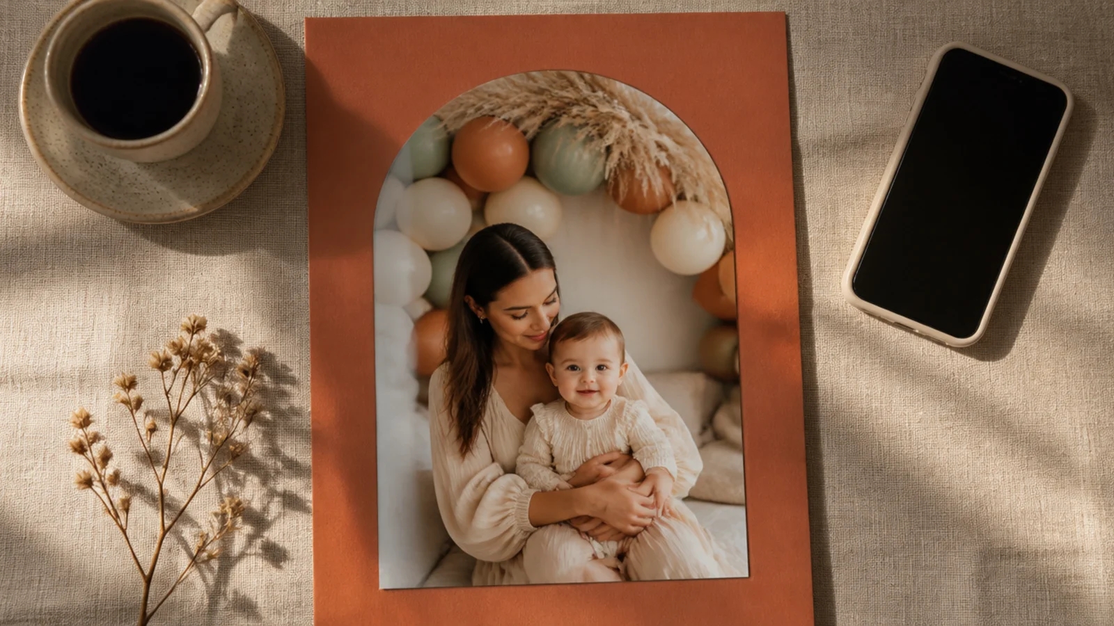 A photo cropped into an arch with muted boho balloons and pampas grass around the top on a terracotta mat.