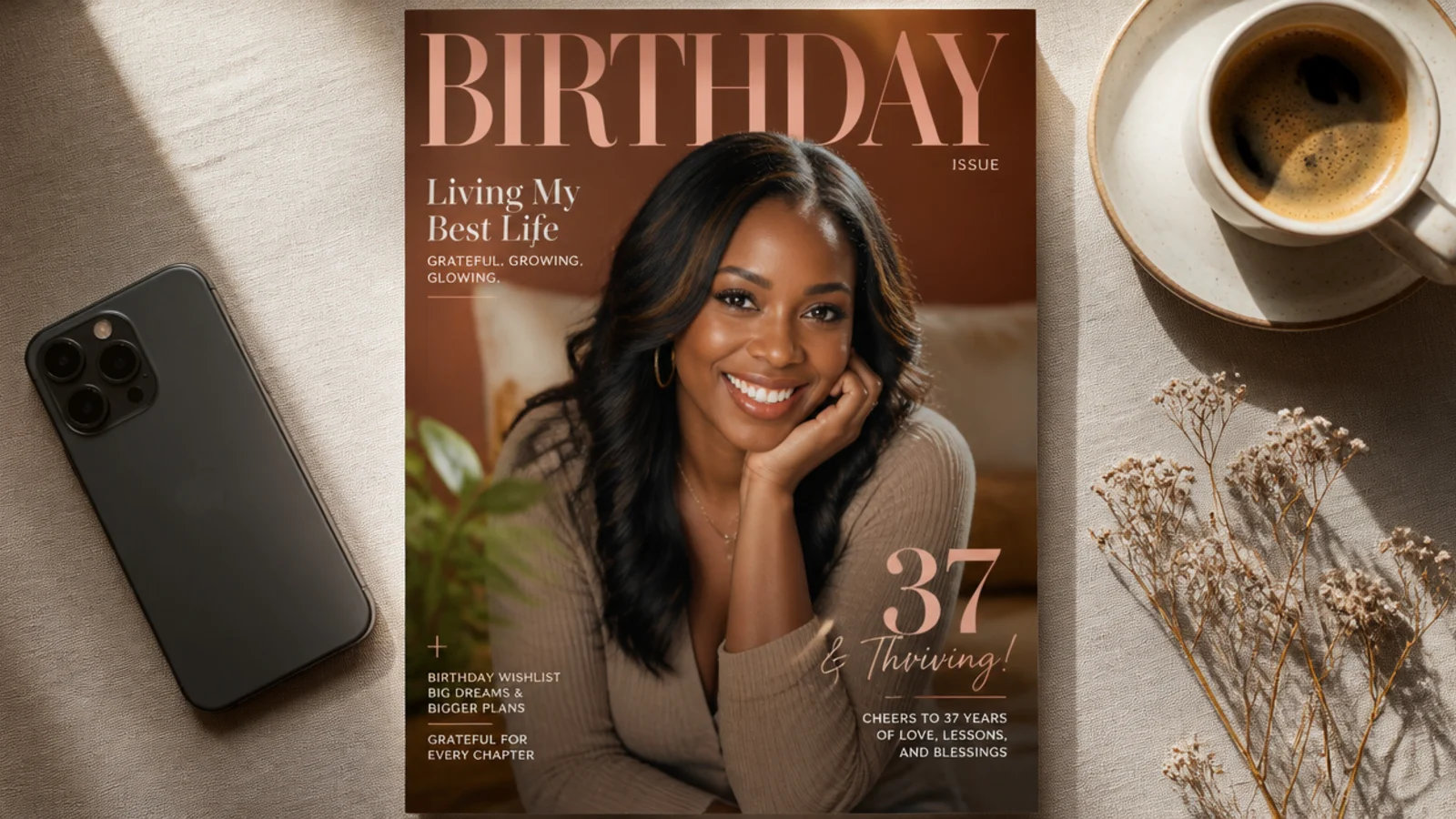 A full-bleed photo styled like a magazine cover with a large serif birthday masthead and the age as a cover line.