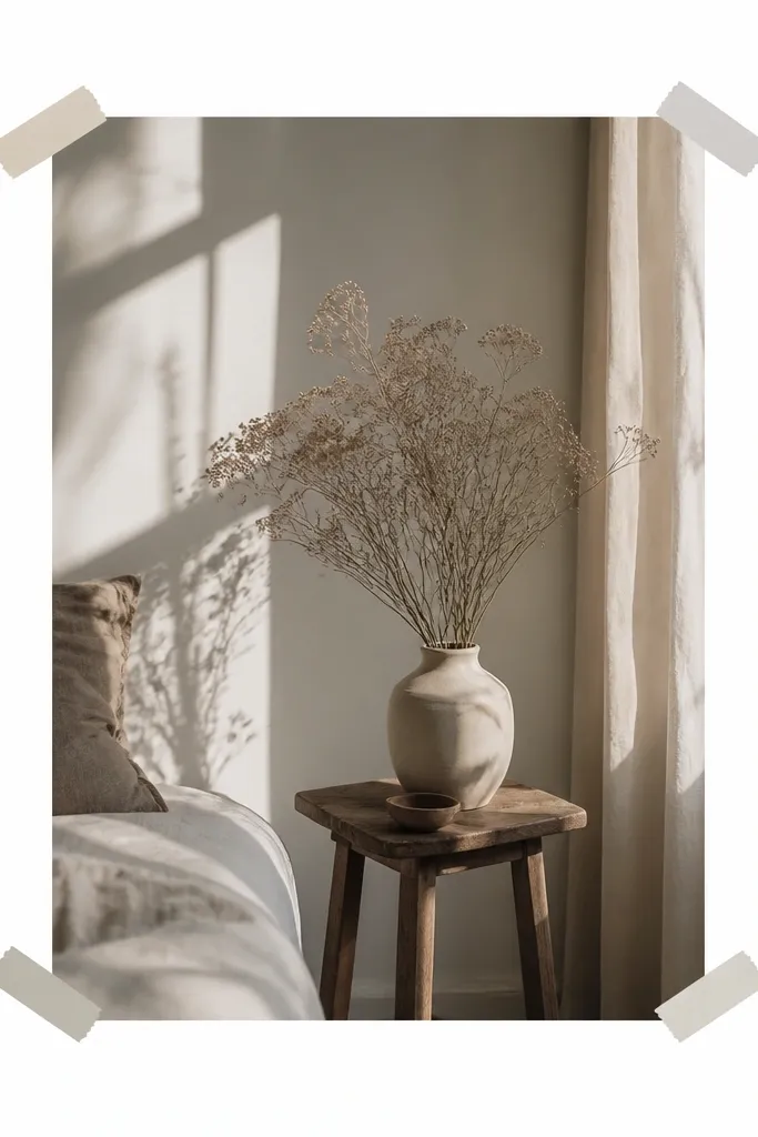 A centered photo with four small corner rectangles resembling tape, each in muted beige and light gray, with no full border.