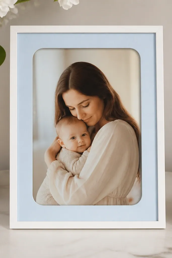 A 5x7 frame where the photo window has rounded corners (about 0.5-inch radius) with a pale blue border.