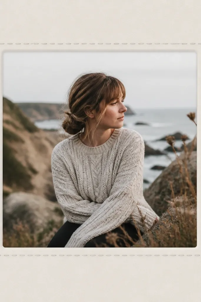 A centered photo with a stitched-looking border line around the window, with small dashed thread marks in light gray.