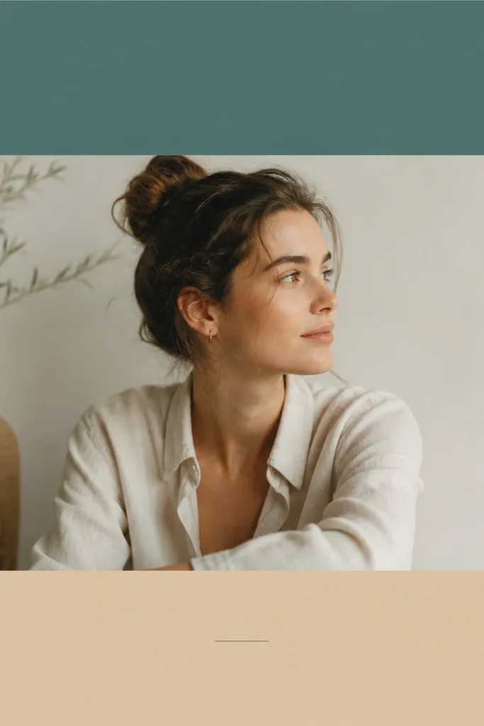 A square template with a photo in the center and two solid color bars: one at the top and one at the bottom. The bars are equal height, and the top bar is a muted teal while the bottom bar is warm beige. Small text sits centered under the photo.