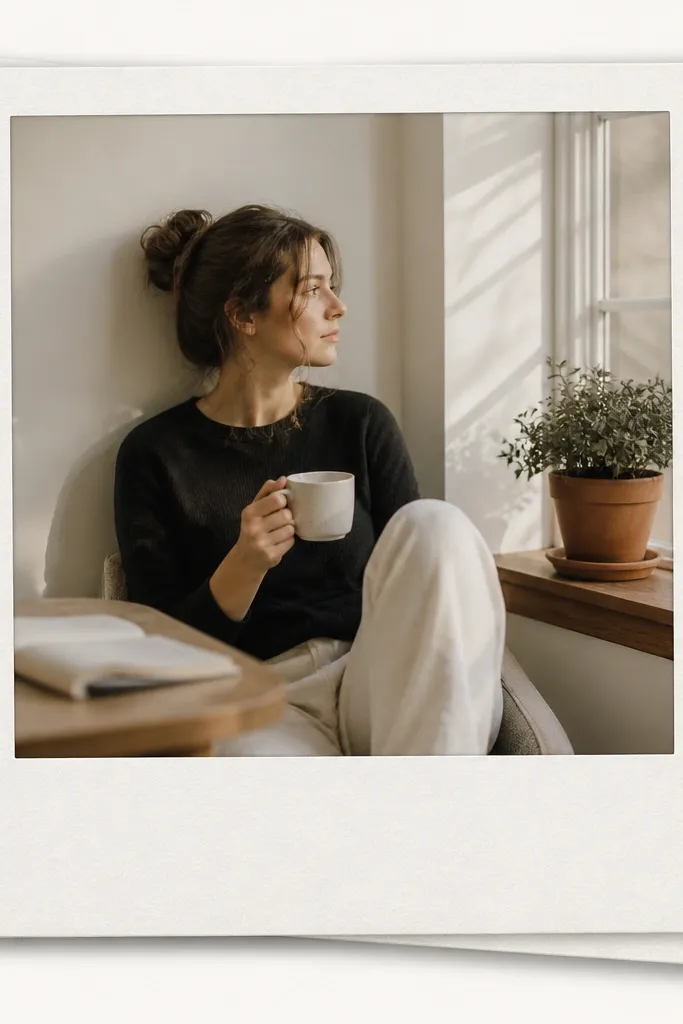 A square post with a single photo styled like a Polaroid print. There's a white polaroid border, a small gray shadow, and a faint second polaroid behind it slightly offset. A short caption line sits at the bottom like a film note.