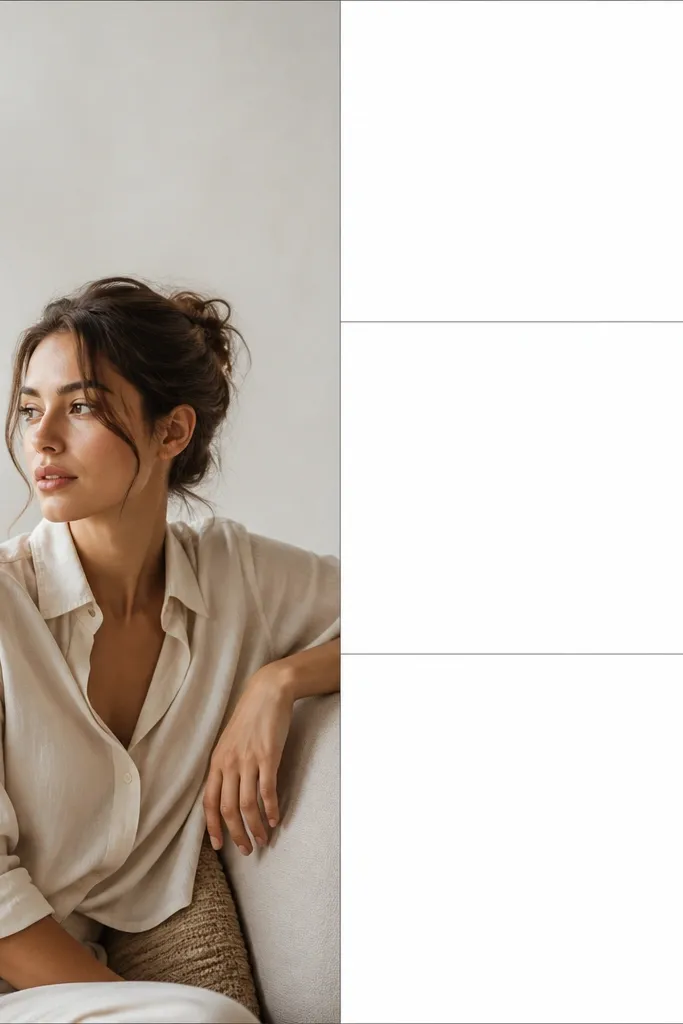 A square template where the photo occupies the left side and the right side has three stacked text blocks separated by thin gray lines. The overall look is like a magazine spread, with a clean grid.