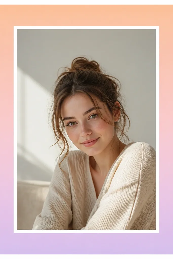 A portrait frame template with a pastel gradient border from peach to lavender. The photo window sits centered with a white mat, and there's no other pattern.