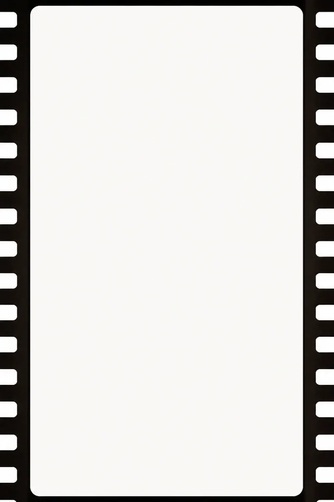A portrait frame template with a long film strip look. The border has repeated 35mm-style edge marks and small perforation holes along the sides.