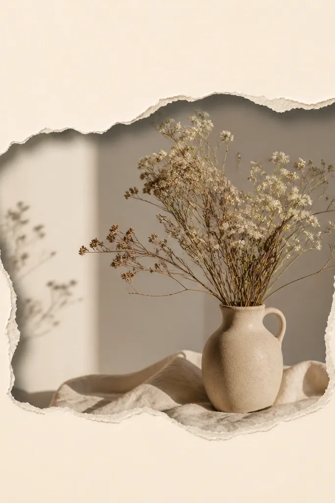 A template showing a warm cream background with a torn paper edge effect around the photo window. The tear line is jagged and soft, with darker shadowing along the cut.