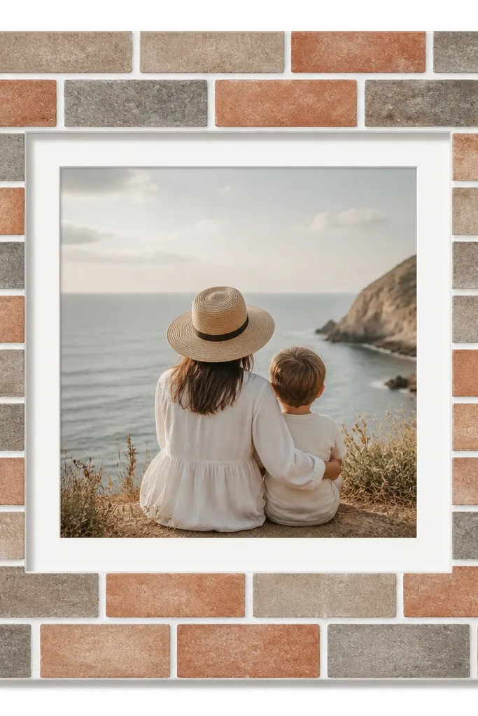 A square frame template with a brick pattern border in muted terracotta and gray. White mortar lines outline each brick row, and the photo window has a clean white mat.