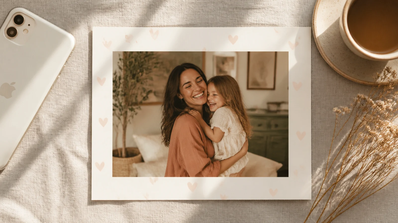A photo floated on a cream background with a scattered border of small blush outline hearts around the edges.