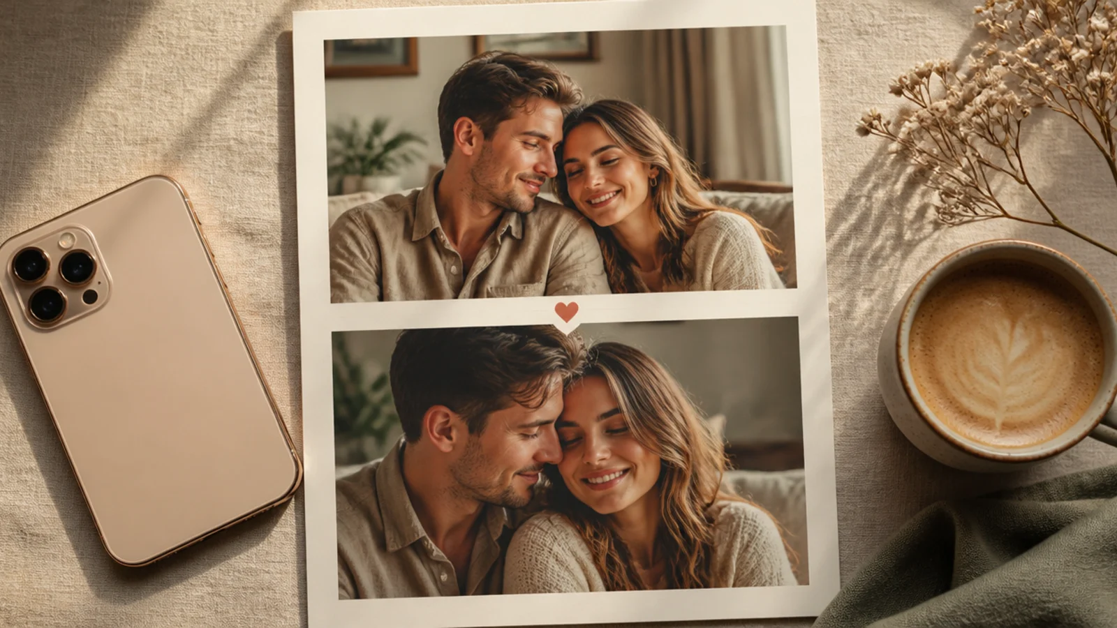 A frame split into two stacked photos of a couple separated by a thin cream gap with a small heart in the middle.